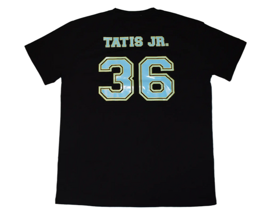 back of black t-shirt tatis screenprinted