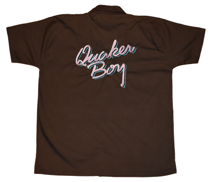 Back of Brown Button Up Workshop Shirt With Pink/Blue Vice City Embroidery