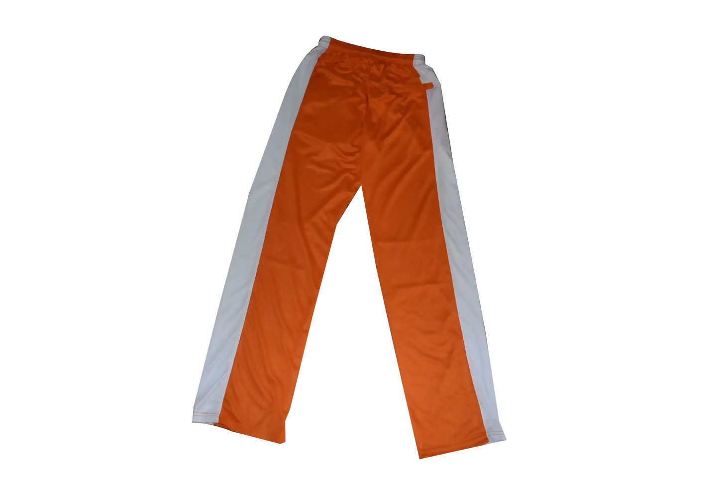 back of orange closed mesh pants whit side stripe
