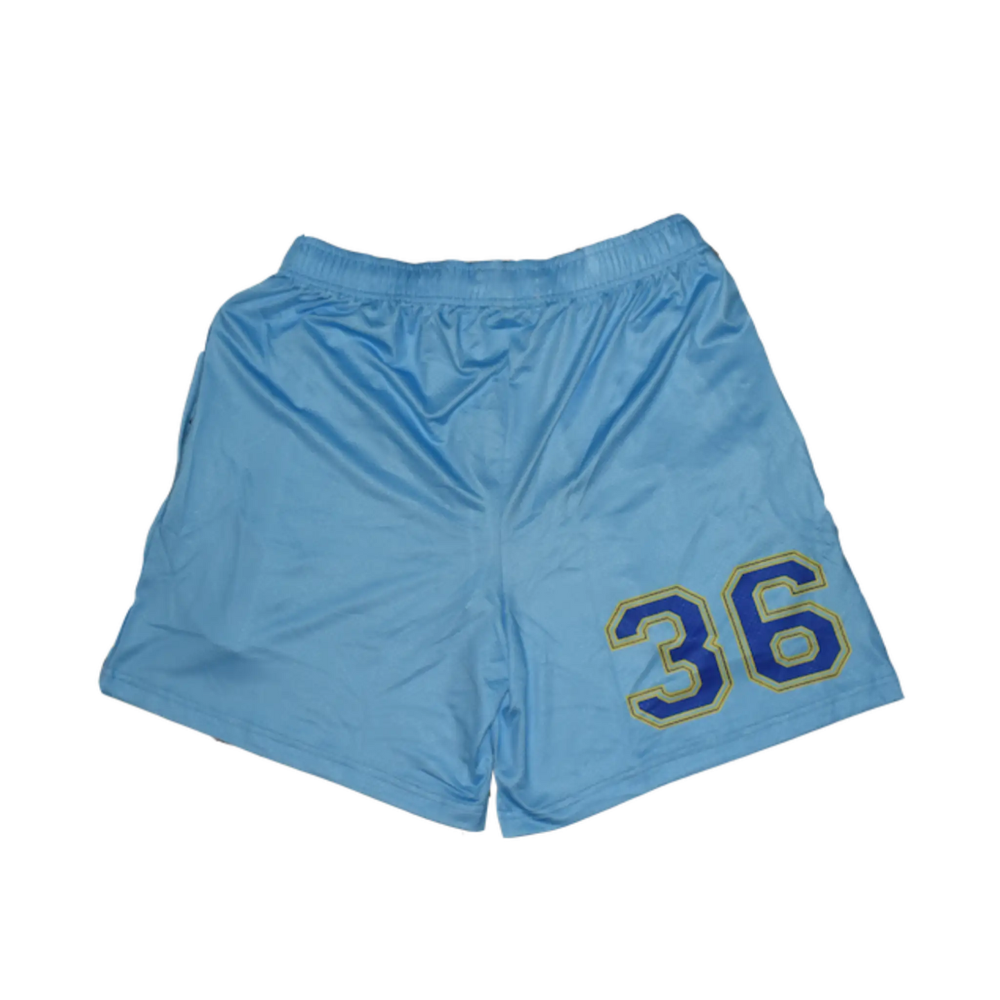 Back of Baby Blue Above Knee Mesh Short Sublimated Number Graphic Baseball