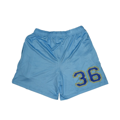 Back of Baby Blue Above Knee Mesh Short Sublimated Number Graphic Baseball