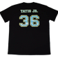 back of black t-shirt tatis screenprinted