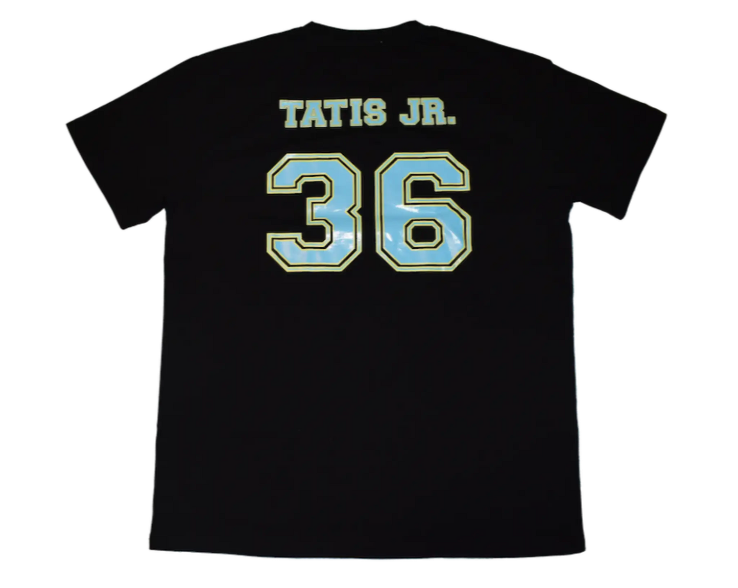 back of black t-shirt tatis screenprinted